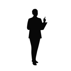 Silhouette of a business person pointing upward with a clipboard representing a successful idea or presentation on a white background