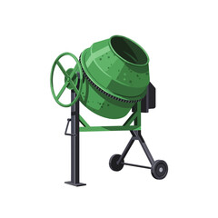 Illustration of a green cement mixer with a wheel for tilting, standing on a white background.