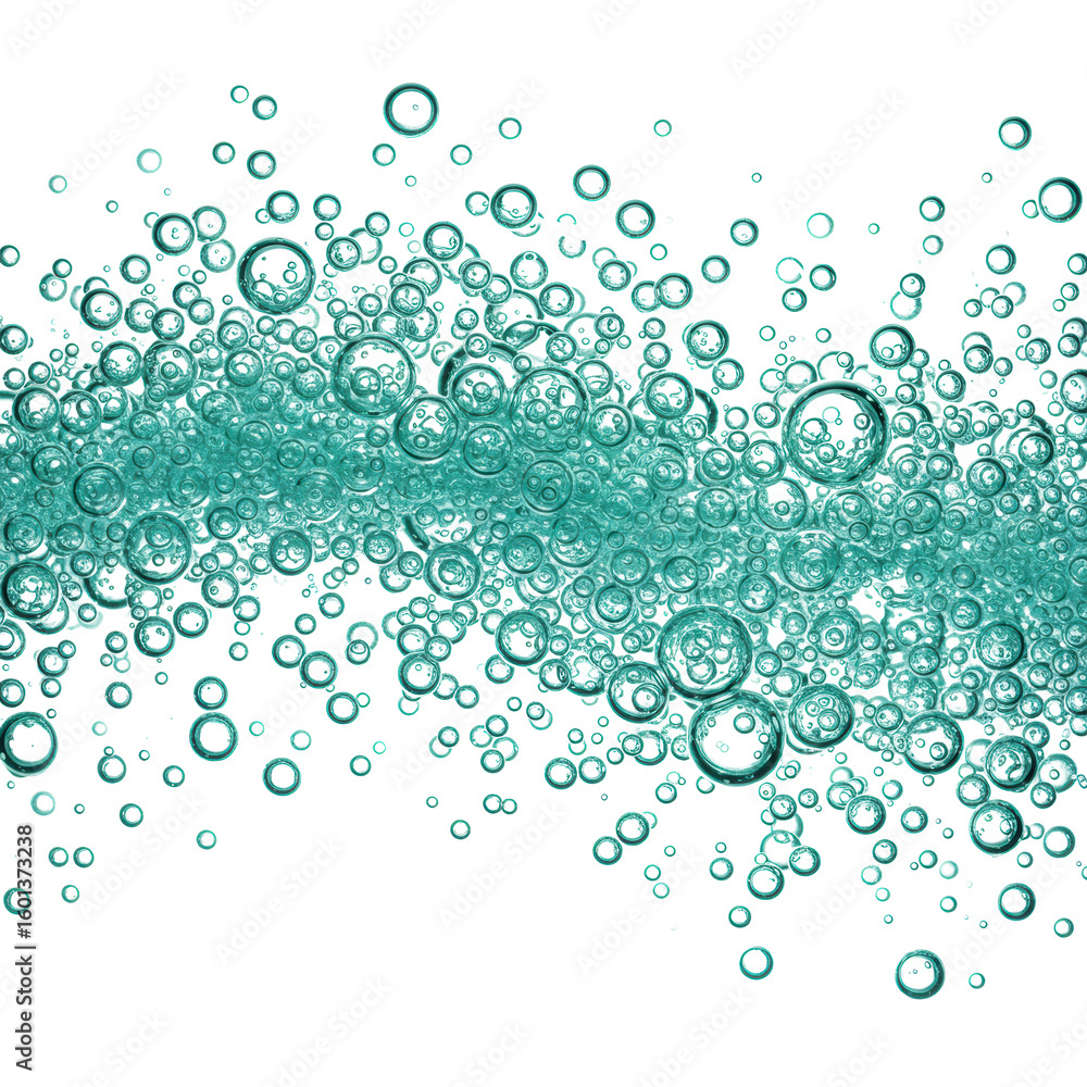 Poster a dynamic wave of translucent light teal bubbles, tiny to complex clusters, some merging or bursting