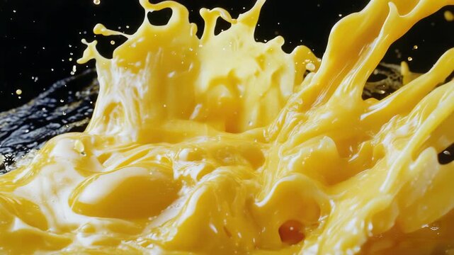 A splash of yellow liquid is splashing out of a container. The liquid is yellow and he is a type of juice