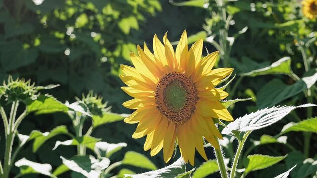 The video captures a vibrant sunflower in full bloom, bathed in sunlight, with a focus on natural beauty and tranquility. Close-up camera angle.