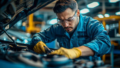 Skilled mechanic inspecting and repairing a vehicle engine in an automotive workshop