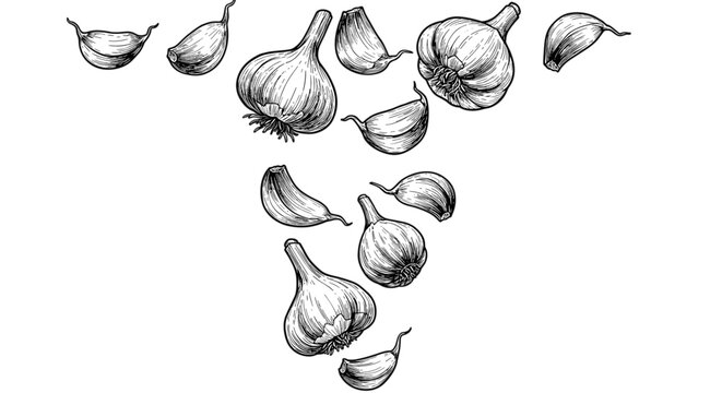 Vintage ink sketch of garlic cloves falling, hand-drawn black and white illustration, vector engraving or woodcut.