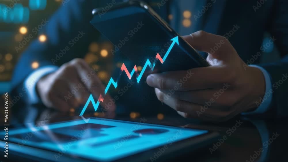 Poster a businessperson using a smartphone to view financial analytics and success metrics. this could be u