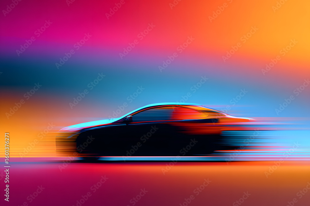 Poster dynamic silhouette of a car in motion with vibrant motion blur effects and colorful abstract backgro