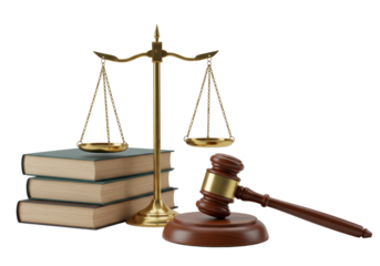 Meticulously crafted brass scale of justice, four leather-bound legal books (mahogany, forest green, deep blue), dark polished wooden gavel on sound block, on a transparent studio background with