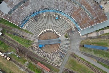 Railway turntable for locomotives aerial view train turntable
