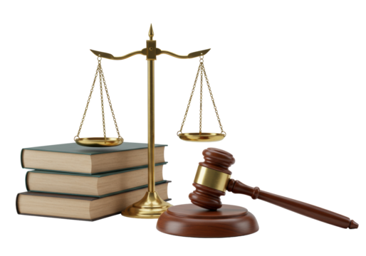 Meticulously crafted brass scale of justice, four leather-bound legal books (mahogany, forest green, deep blue), dark polished wooden gavel on sound block, on a transparent studio background with