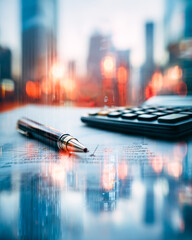 Business workspace with a pen, calculator, and financial document against a cityscape background