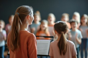 Children singing joyfully in a choir, enthusiastically following their conductor during an engaging music rehearsal at school