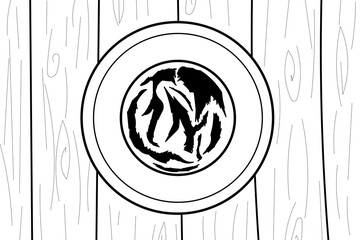 An arepa on a plate on a wooden table. Line art illustration