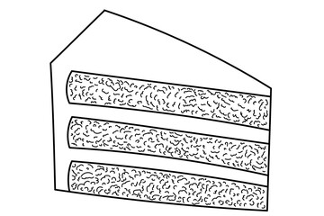 Slice of layer cake with frosting, illustration of classic American style celebration dessert. Outline food illustration. Bakery menu