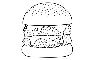 American style double meat burger, iconic fast food drawing with bun and melted cheese. Minimalist food line drawing