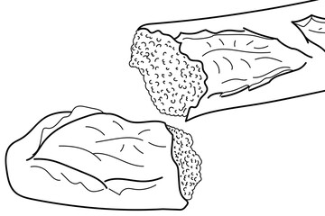 French baguette bread split in two parts. Hand drawing of a fresh loaf of bread. Monochrome food artwork