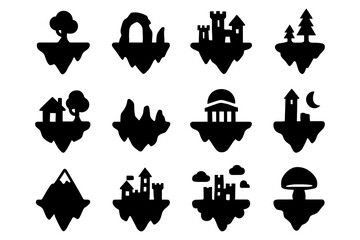 Floating island silhouettes with nature and architecture elements