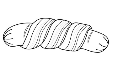 Hand drawing of a sausage wrapped in bacon. Outline food illustration. Pigs in blankets, traditional dish from the United Kingdom
