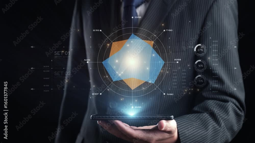 Poster a businessman in formal attire holds a smartphone featuring advanced data visualization and technolo