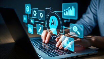 AI agent and intelligent automation IA technology. Business process automation BPA system. Businessman using laptop computer to give instructions to AI at desk in office.