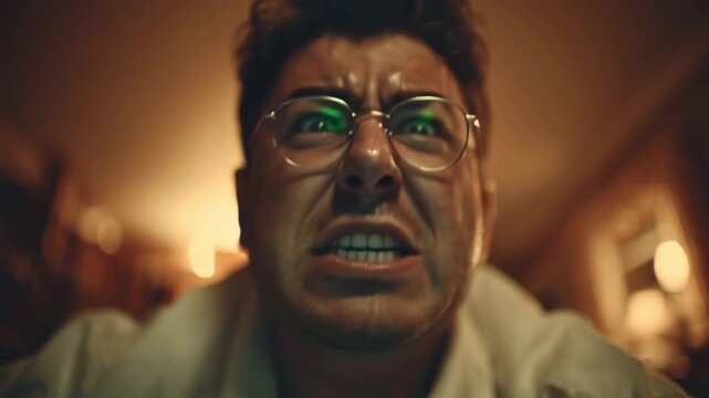 Frustration peaks as a middle-aged man yells intensely, eyes wide and glasses fogged, at a sweating Mac. The scene captures a modern-day struggle reminiscent of Sisyphus's eternal toil.