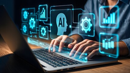 AI agent and intelligent automation IA technology. Business process automation BPA system. Businessman using laptop computer to give instructions to AI at desk in office.