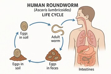 Obraz premium Human roundworm ascaris lumbricoides life cycle diagram illustrating egg and adult stages for educational use and scientific understanding