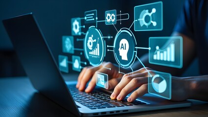 AI agent and intelligent automation IA technology. Business process automation BPA system. Businessman using laptop computer to give instructions to AI at desk in office.