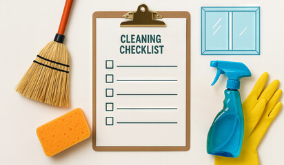 Blank cleaning checklist on clipboard with broom, sponge, spray bottle, gloves and window icon on white background. Concept of home cleaning plan, housekeeping tools, seasonal chores