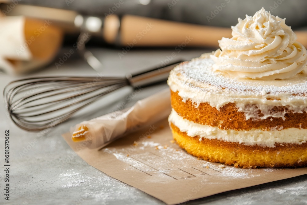 Poster two layered cake with buttercream frosting and powdered sugar, resting on baking paper, whisk and ro