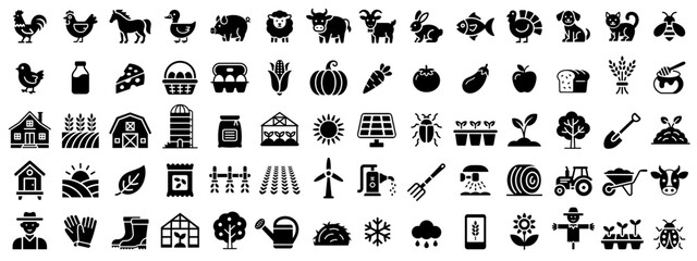 Agricultural vector icons including farm animals, crops, tools, buildings, and equipment for farming, food production, environment, and rural life themes