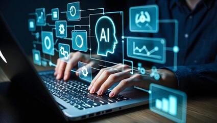 AI agent and intelligent automation IA technology. Business process automation BPA system. Businessman using laptop computer to give instructions to AI at desk in office.