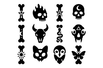 Fototapeta premium Spooky skull and bone icons collection in bold silhouette style