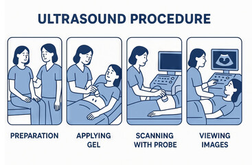 Ultrasound procedure infographic illustrating preparation, gel application, scanning with probe, and image viewing for medical education and awareness