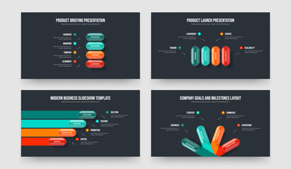 Product Analysis Four Step Diagram Presentation Design Vector Illustration Bundle. Corporate Campaign 4 Element Infographic Slideshow Layout Collection.