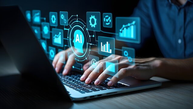 AI agent and intelligent automation IA technology. Business process automation BPA system. Businessman using laptop computer to give instructions to AI at desk in office.