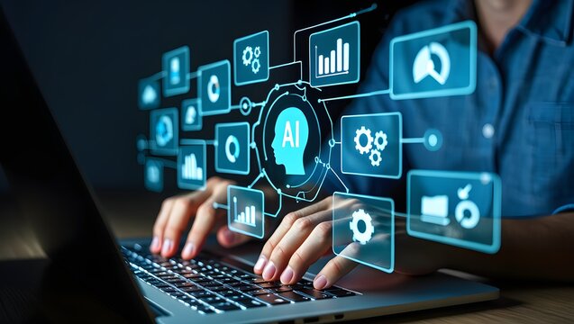 AI agent and intelligent automation IA technology. Business process automation BPA system. Businessman using laptop computer to give instructions to AI at desk in office.
