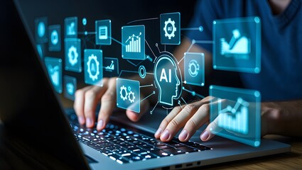 AI agent and intelligent automation IA technology. Business process automation BPA system. Businessman using laptop computer to give instructions to AI at desk in office.