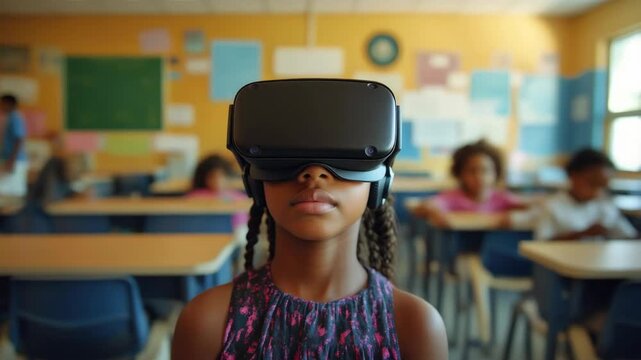 A young girl wearing a VR headset in the classroom, symbolizing the integration of technology and education.