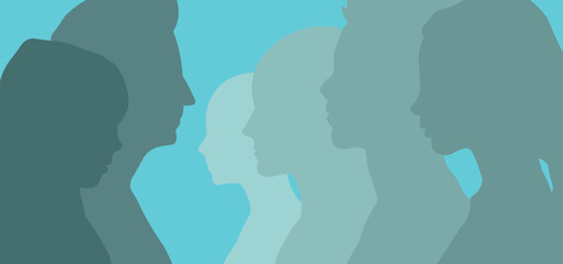 Diverse Human Silhouettes Facing Each Other. Gradient Overlay Profile Illustration on Teal Background.