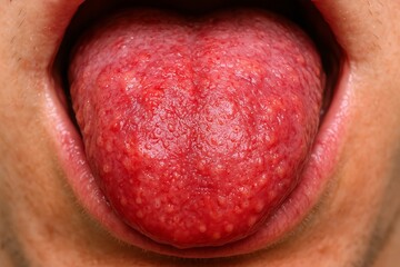 Close-up image of inflamed human tongue highlighting swollen and red texture indicating possible oral health issues. concept of medical study, oral inflammation, healthcare.