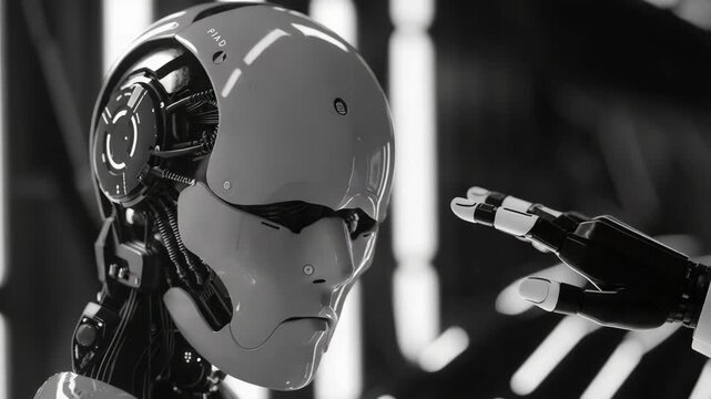 A humanoid robot interacting with another mechanical system, set in a futuristic environment. The  highlights the cutting edge of artificial intelligence and advanced technology.