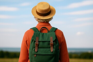 Elderly woman Traveler wearing a straw hat and backpack in scenic countryside. concept of adventure, exploration, outdoor journey