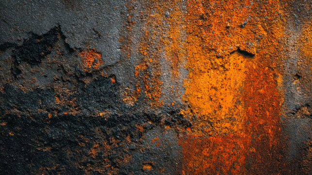 Close-up of rusty weathered metal surface with vibrant orange and dark corrosion patches