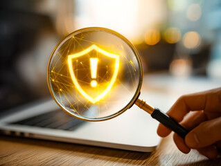Digital security alert symbol reflected through magnifying glass