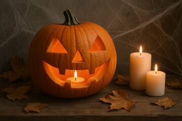 Halloween jack-o-lantern with lit candle surrounded by autumn leaves and flickering candles on rustic wooden table. concept of spooky halloween decor, pumpkin decoration, autumn atmosphere.