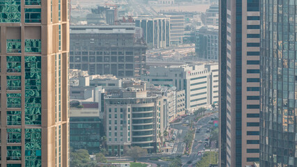 Aerial view of a road intersection in a big city timelapse.