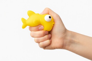 Hand holding yellow fish-shaped stress toy for relaxation and stress relief, concept of calming toy, sensory object for anxiety management, fun and playful design, white background