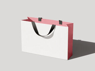 A plain white shopping bag with a pink top and black handles. The bag is placed on a light gray...
