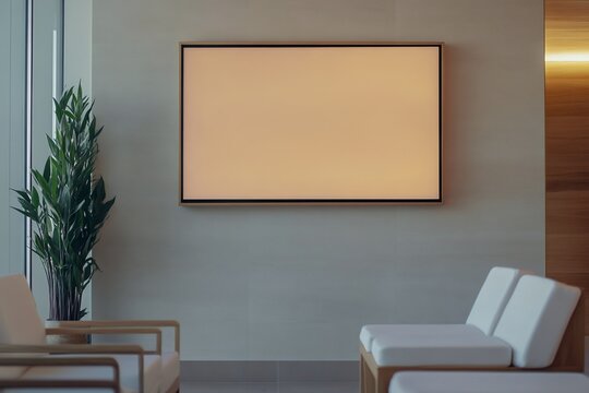 Empty waiting area featuring a blank illuminated sign, comfortable seating, and a potted plant, creating a serene atmosphere - Powered by Adobe