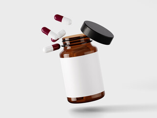 A brown glass bottle with a black lid and a blank label. Red and white capsules are floating above the bottle, suggesting medication or supplements.
