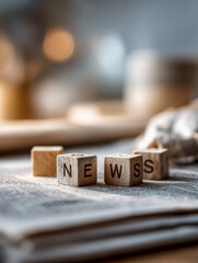 Wooden blocks spelling "news" placed on newspapers with a blurred background